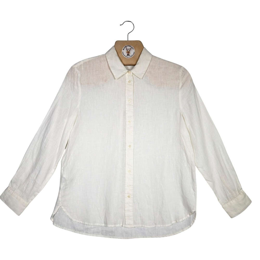 MNG Mango 100% Linen Button Front Shirt Blouse Ivory Women's Small